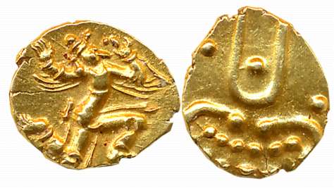 Banas of Madurai, Samarakolakalan, Gold Fanam, 0.36g, Obv: Stylize Garuda running to right