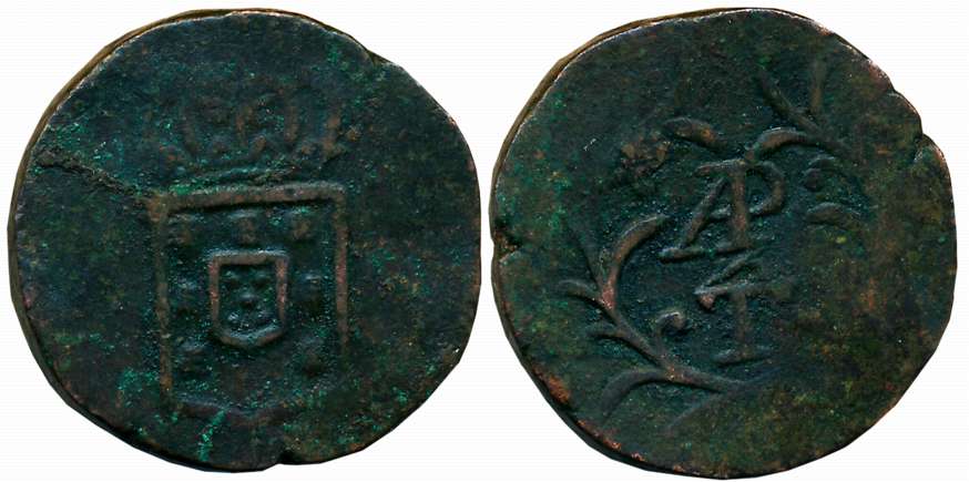 D. Miguel, Copper 1/2 Tanga- 30 Reis, 19.94g, Obv: Crowned Arms, Rev: AP above T within sp