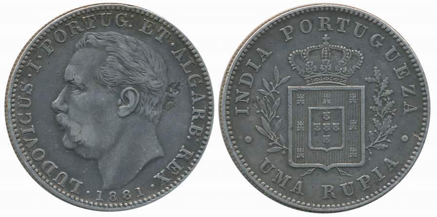 Goa, Luiz I, Silver Rupee, 1881, Obv: Head to left, Rev: Crowned arms within sprays (KM# 3