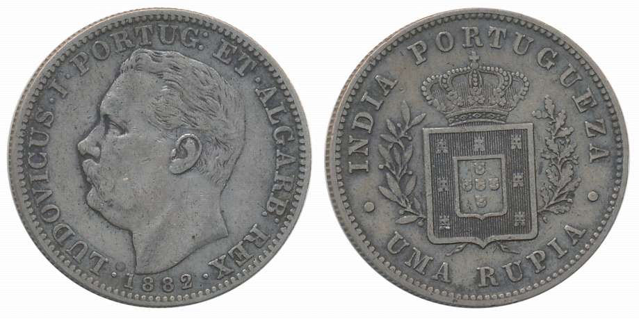 Goa, Luiz I, Silver Rupee- Uma Rupia, 1882, Obv: Bust to left, Rev: Crowned arms within sp