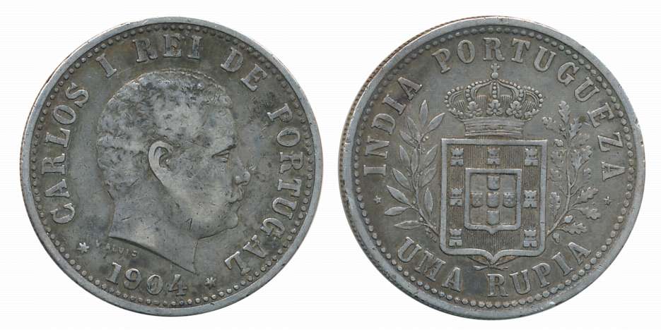 Goa, Carlos, Silver Rupee, 1904, Obv: Head of Carlos I to right, Rev: Crowned shield withi
