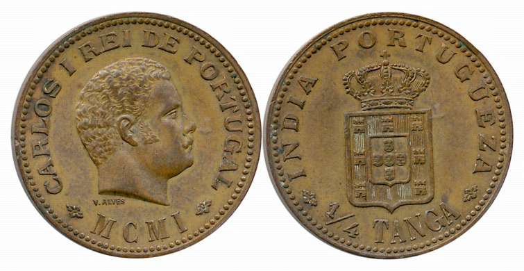 Carlos I, Bronze, 1/4 Tanga, 1901 (Roman numeral), Obv: Head of Carlos to right, Rev: Crow