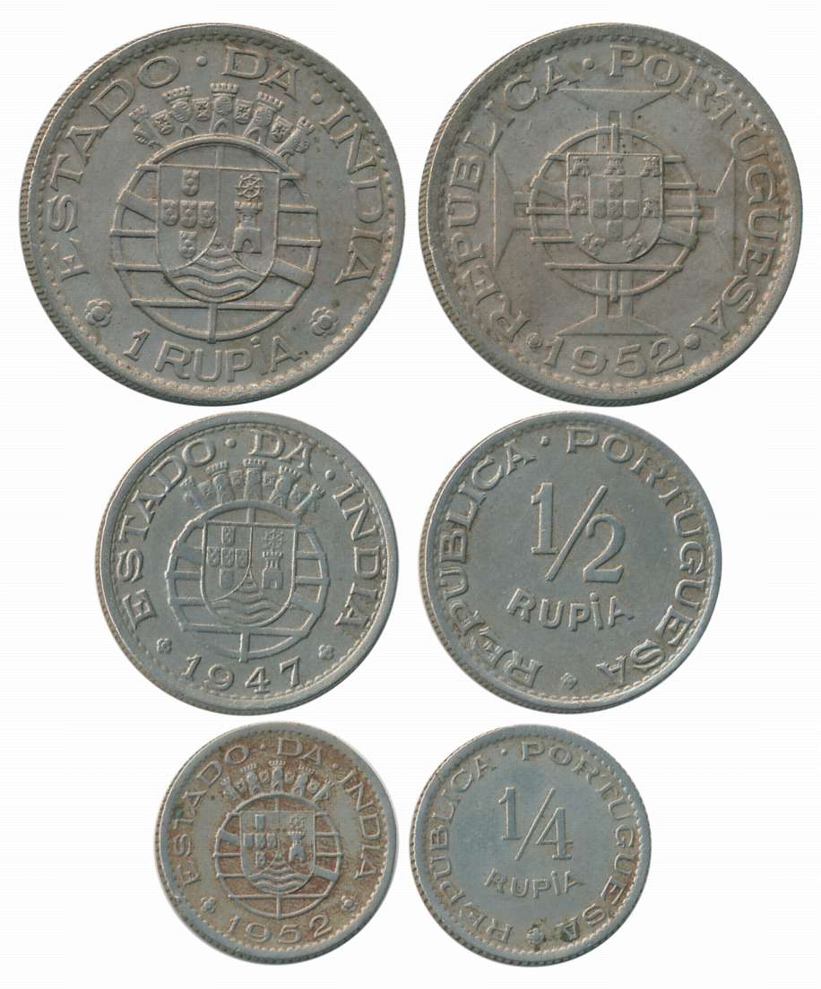 Copper Nickel (3), Rupia, 1952, 1/2 Rupia 1947 & 1/4 Rupia 1952 (KM# 29,26,25). Very fine 