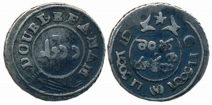 Silver 2 Fanam, Second issue, Obv: Value in English & Persian on Buckled Garter, Rev: Ribb