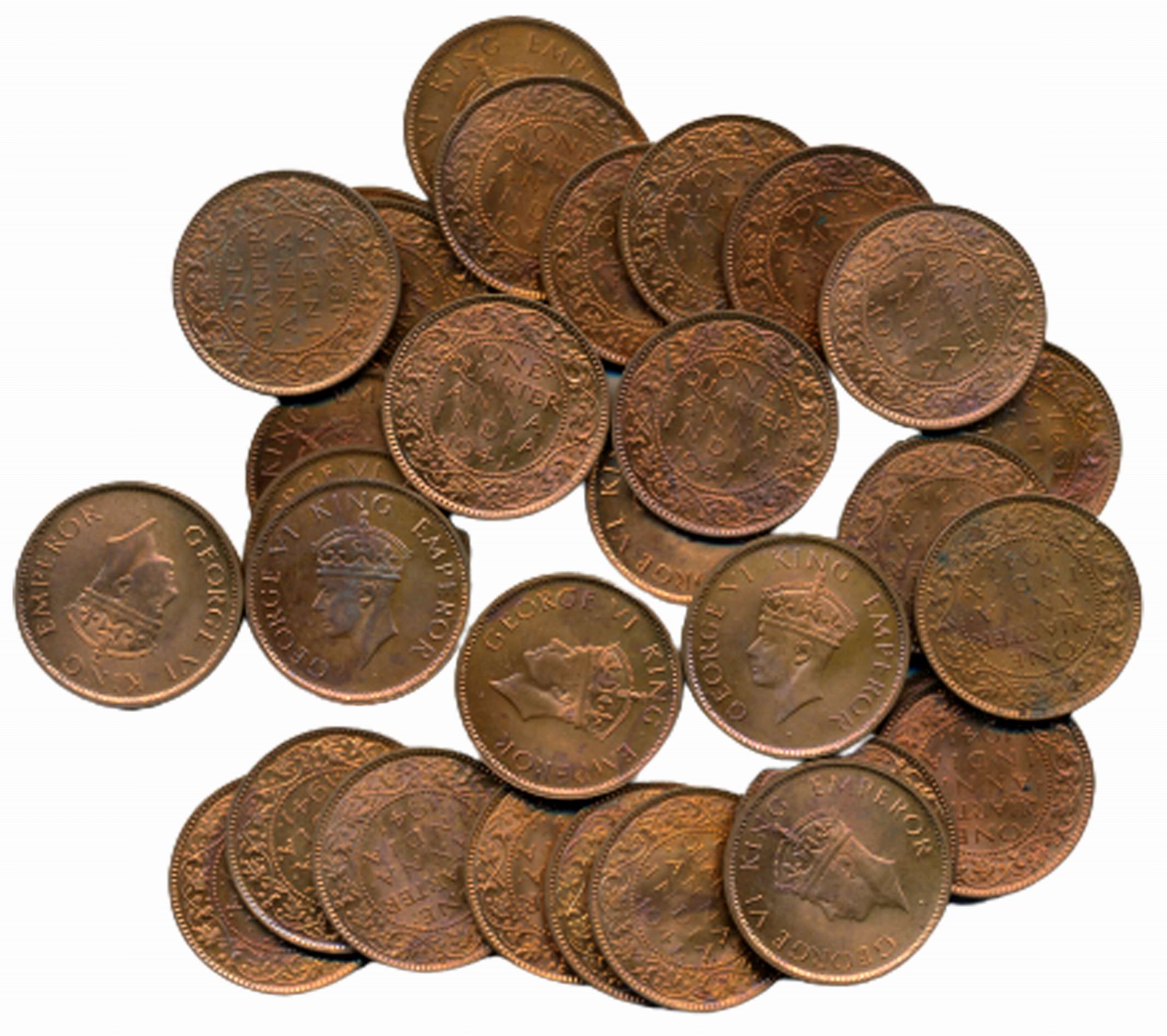 George VI, Copper 1/4 Anna (32), 1942, About extremely fine to uncirculated.32 coins.