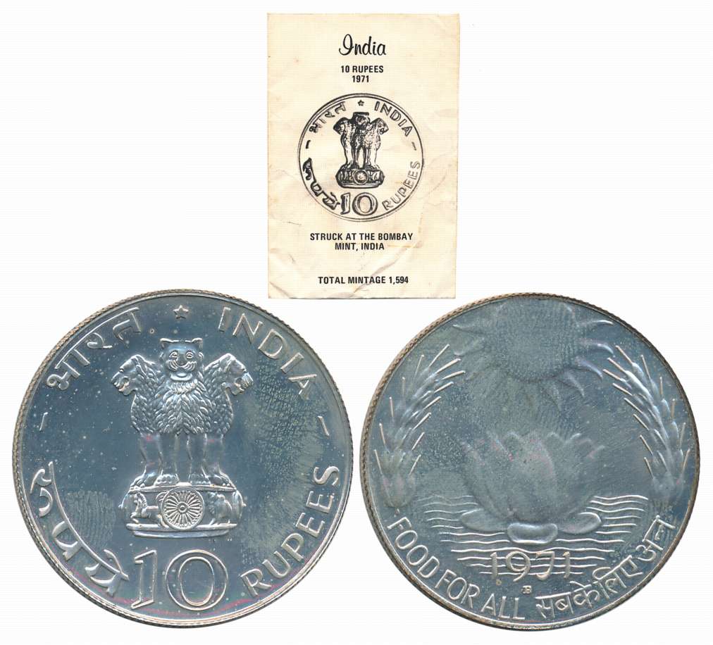 1971, Proof, Silver, 10 Rupee, Food for All, Bombay Mint (RB# 28). With original envelope,