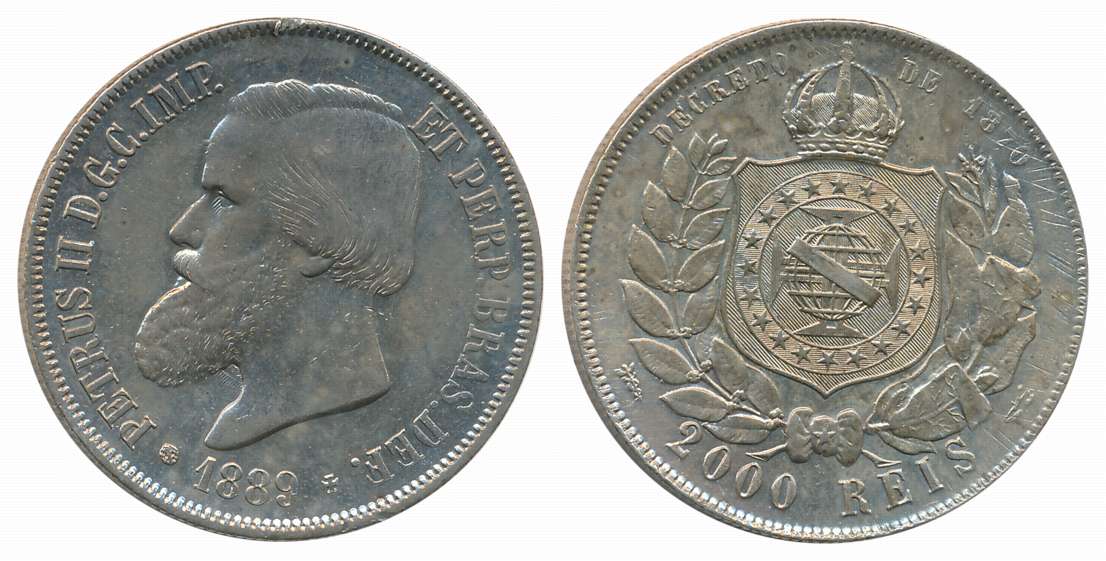 Brazil, Pedro II, Silver 2000 Reis, 25.55g, 1889, Obv: Bust Pedro II left, Rev: Crowned ar