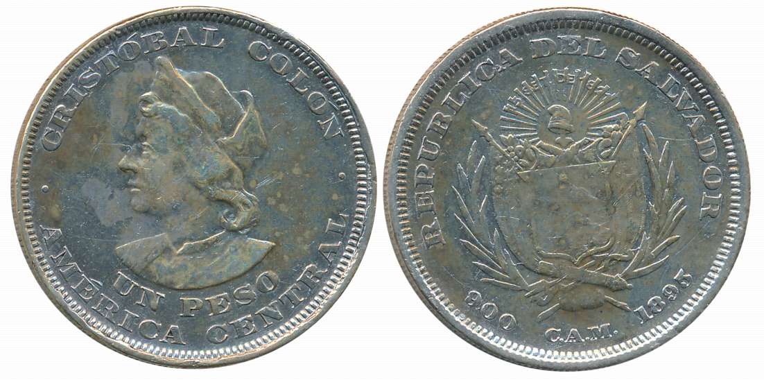 El Salvador, Silver 1 Peso, 24.89g, 1893, San Salvador Mint, Obv: Old national arms, with 
