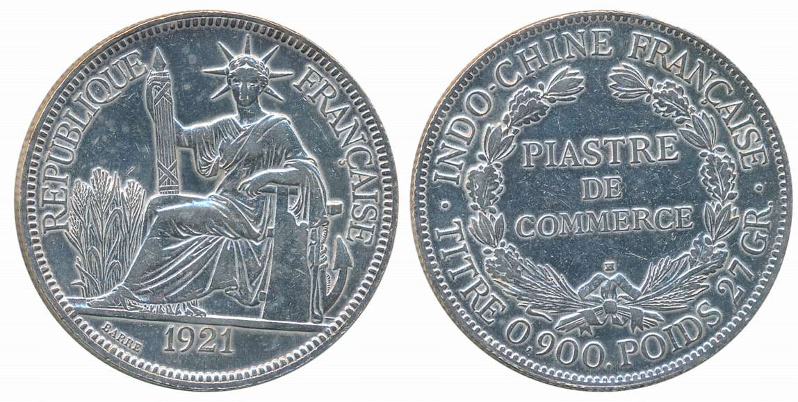French Indo China, Silver 1 Piastre, 24.96g, 1921, Obv: Marianne seated left with fasces, 