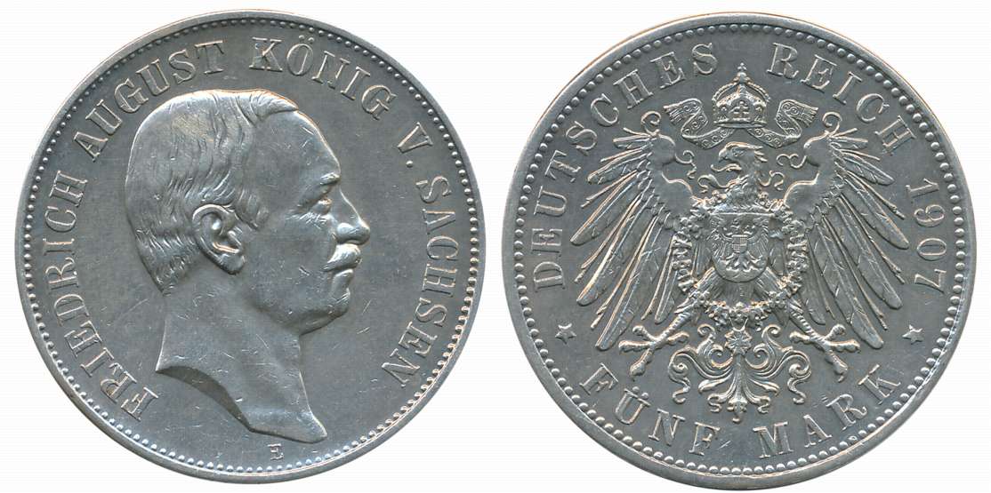 Germany, Frederick August III, Silver 5 Mark, 27.70g, 1907, Obv: Bust of Friedrich August 
