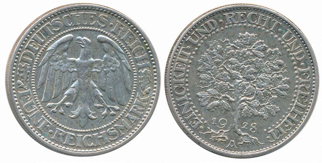 Germany, Silver 5 Reichsmark, 24.61g, Berlin Mint, 1928, Obv: An eagle in the centre and t