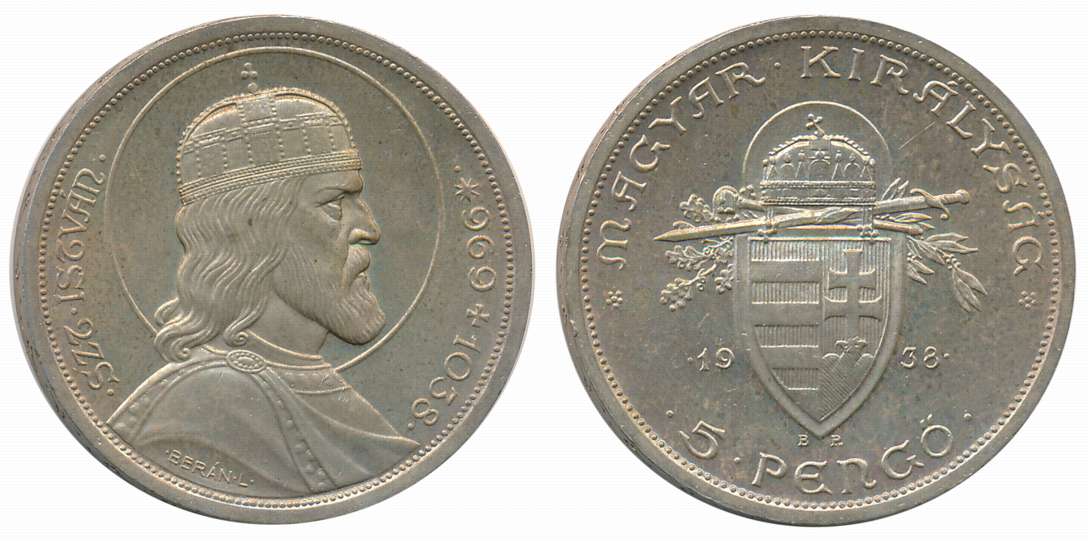Hungary, Miklós Horthy, Silver 5 Pengo, 24.86g, Budapest Mint, 1938, “900th Anniversary - 