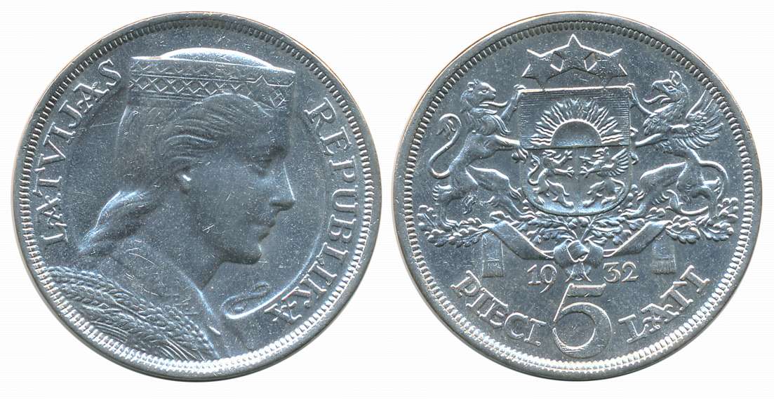 Latvia, Silver 5 Lati, 25.04g, Royal Mint London, 1932, Obv: Maiden's head facing right in