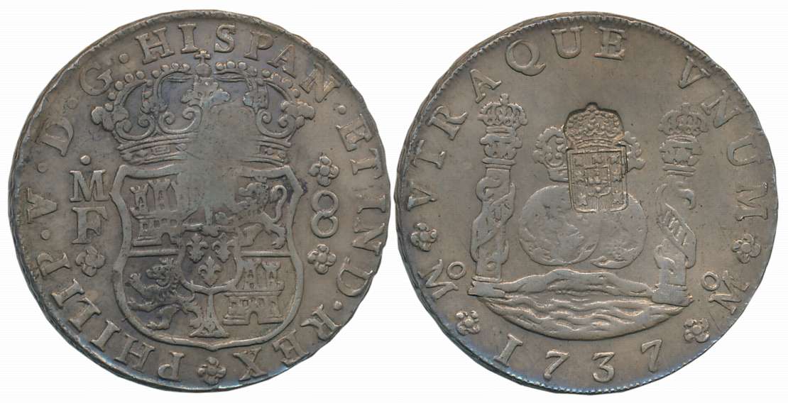 Mexico (New Spain), Silver 8 Reals, 26.81g, Counter struck Portuguese Crowned arms, 1737, 
