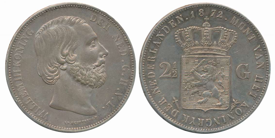 Netherlands, Willem III, Silver, 2-1/2 Gulden, 24.93g, Utrecht Mint, 1872, Obv: King Wille