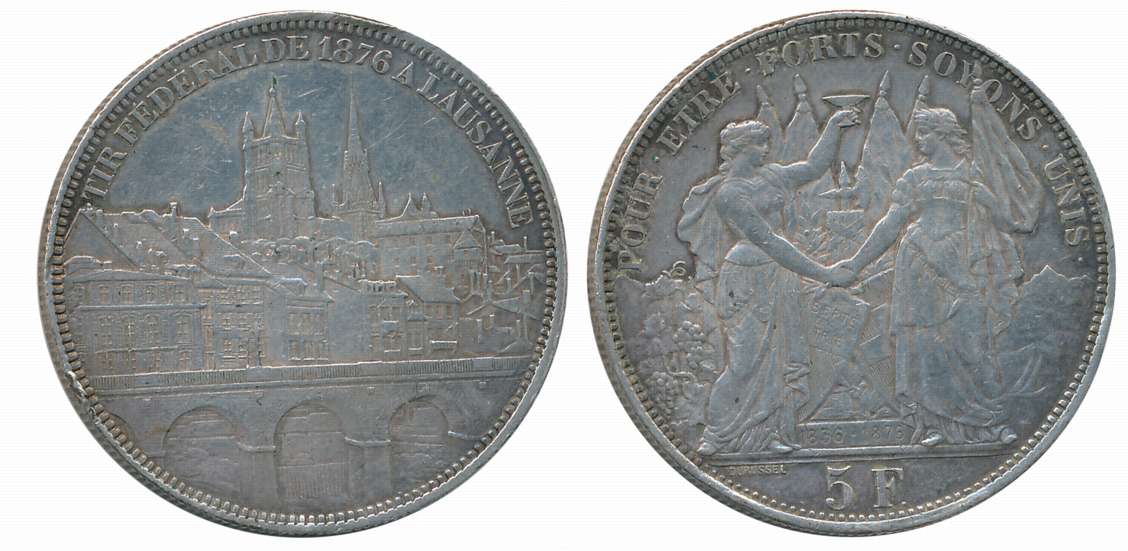 Switzerland, Silver, 5 Francs, 24.99g, Bern Mint, 1876, “Lausanne Shooting Festival”, Obv: