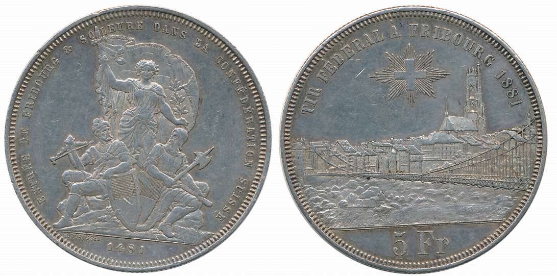 Switzerland, Silver 5 Francs, 25.03g, “Fribourg Shooting Festival”, Bern Mint, 1881, Obv: 