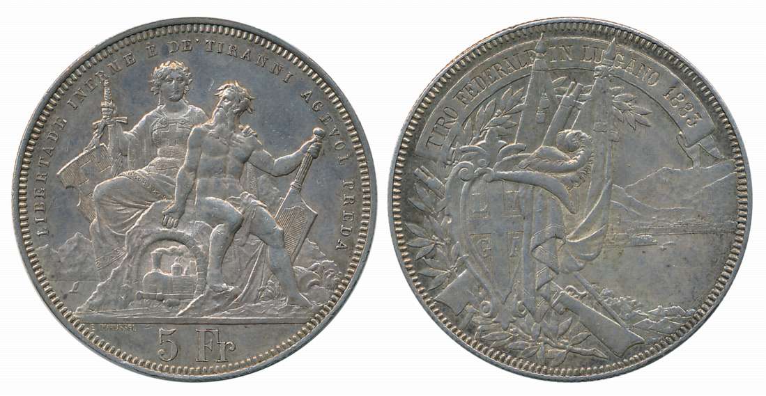 Switzerland, Silver 5 Francs, 25.01g, “Lugano Shooting Festival”, Bern Mint, 1883, Obv: Co