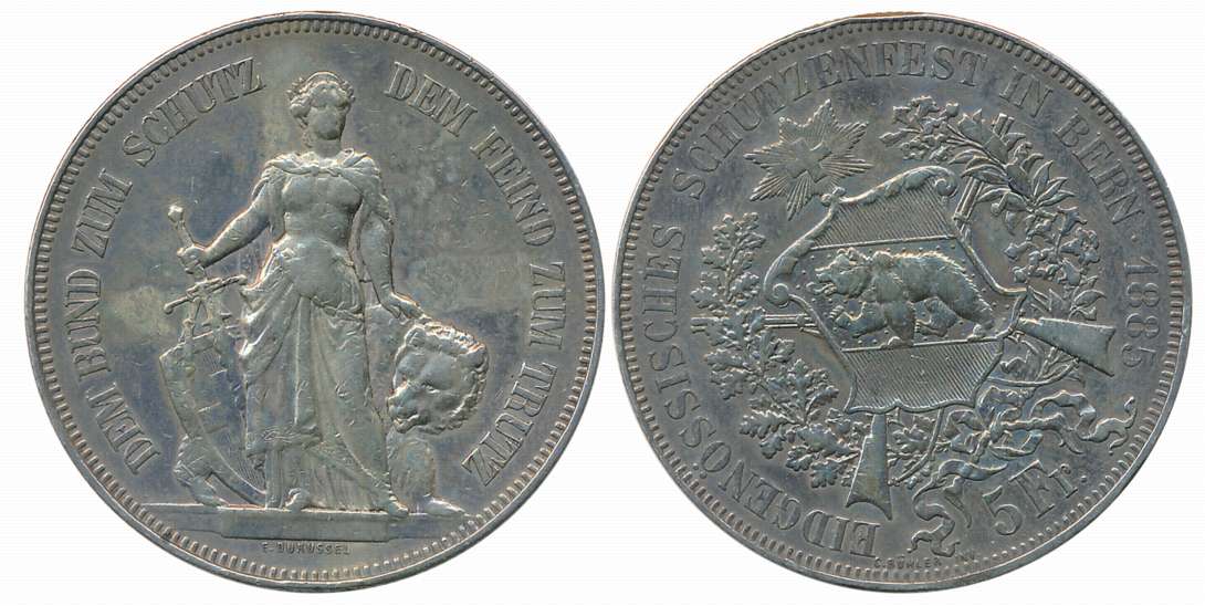 Switzerland, Silver 5 Francs, 24.85g, Bern Mint, 1885, “Bern Shooting Festival”, Obv: Coat