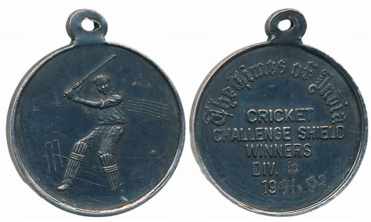 The Times of India Cricket Silver Medal,7.86g, 1991-92. Very fine.