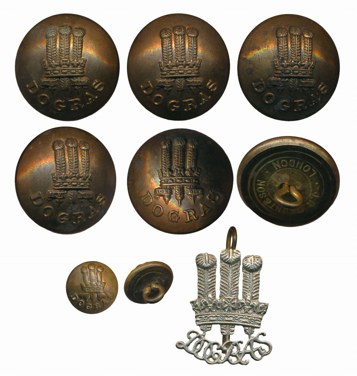 Coat Buttons (9), Dogras, made by J. R. Gaunt & Son London, 6 bigs 2 small & I Cap Badge.