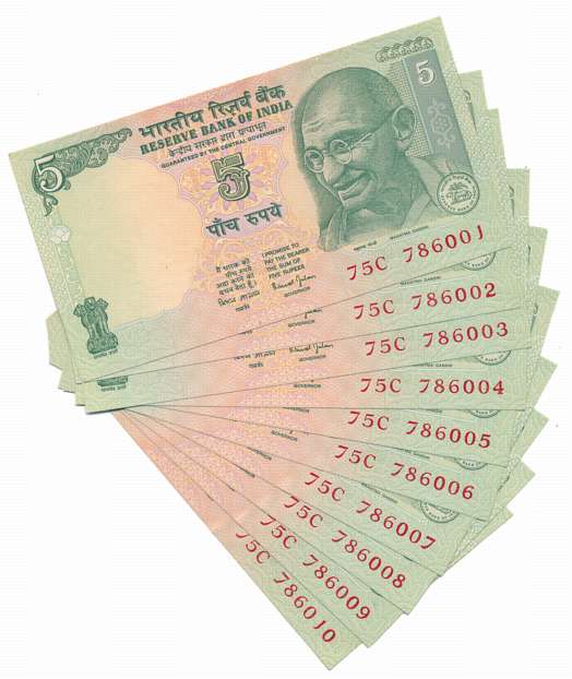 Rupees 5 (10), “C-34”, Signed by Bimal Jalan, Prefix 75/C. Uncirculated. 10 Notes.