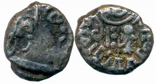 Kalachuris of Mahismati, Krishnaraj, Silver Drachm, 1.47g, Obv: Bust to right, Rev: In cen