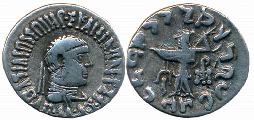 Indo Greeks, Apollodotos II, Silver Drachma, 2.21g, Obv: Diademed bust of king, Greek lege
