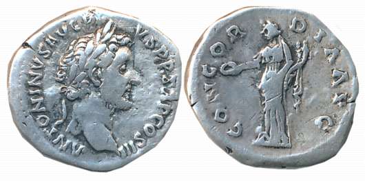 Roman, Antoninus Pius, Silver Denarius, 2.83g. Very fine.