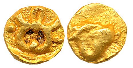 Shilaharas of Karahad- Wai/ Karhad region, Gold 1/4 Fanam, 0.17g, Obv: Garuda holding snak