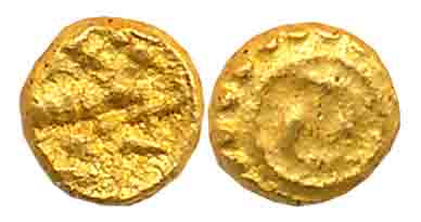 Shilaharas of Karahad, Wai/ Karhad region, Gold 1/2 Fanam, 0.13g, Obv: Garuda seated facin