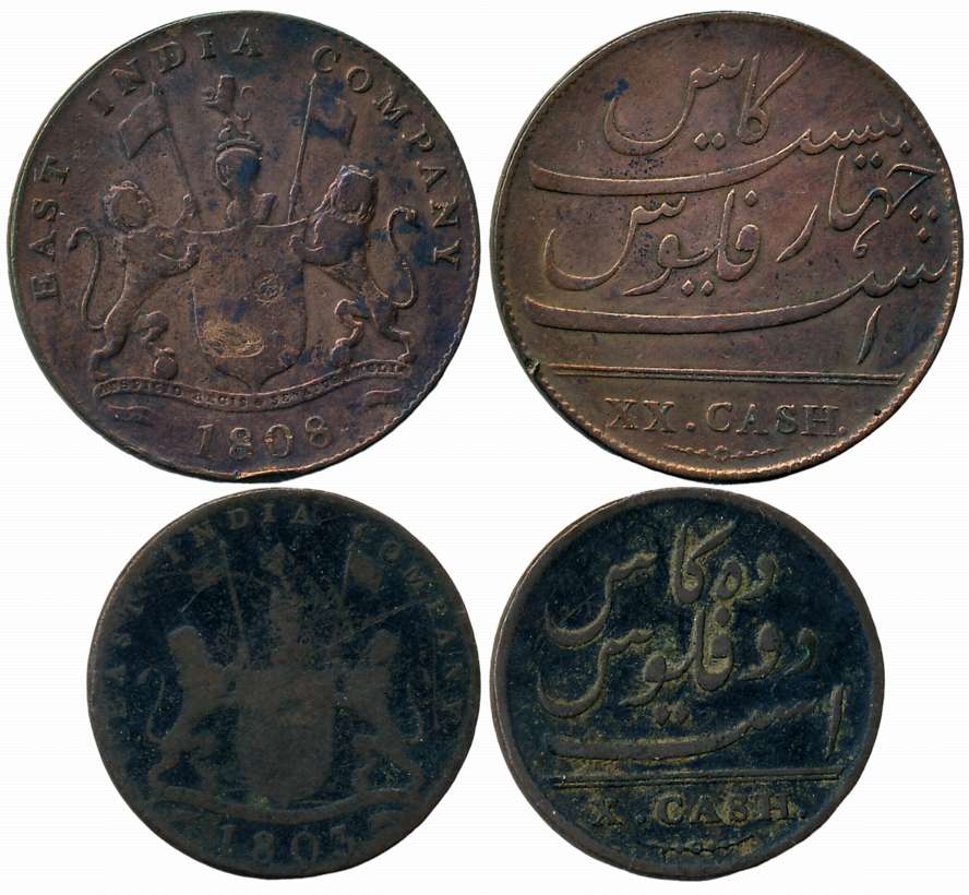Copper (2), 10 & 20 Cash, 5.94 g, 9.42g, 1803, 1808, Soho Mint, Obv: Coat of arms of the E