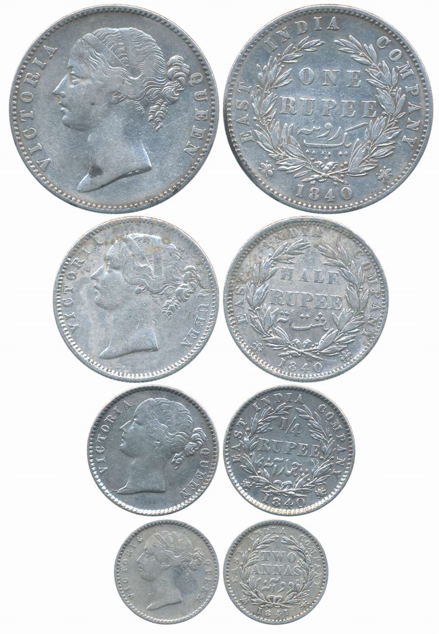 Victoria Queen, 1840 & 1841, Divided legend, Silver (4), Complete set of Rupee, 1/2 Rupee,