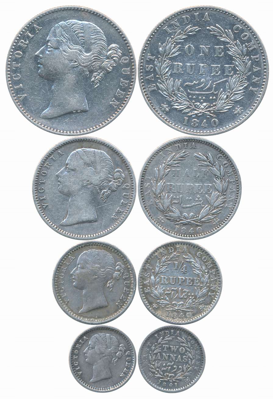 Victoria Queen, 1840 & 1841, Divided legend, Silver (4), Complete set of Rupee, 1/2 Rupee,