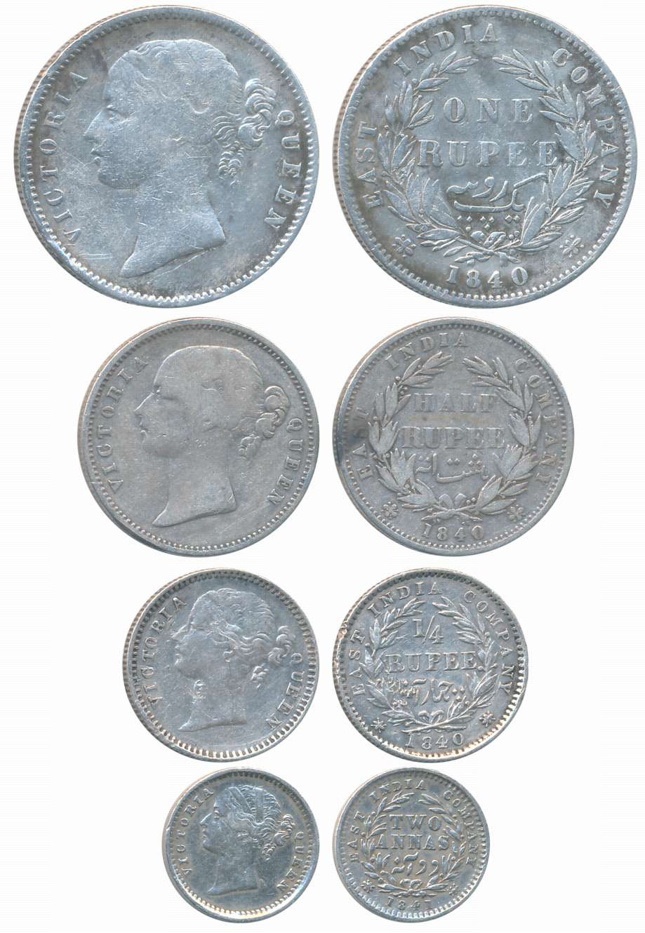 Victoria Queen, 1840 & 1841, Divided legend, Silver (4), Complete set of Rupee, 1/2 Rupee,