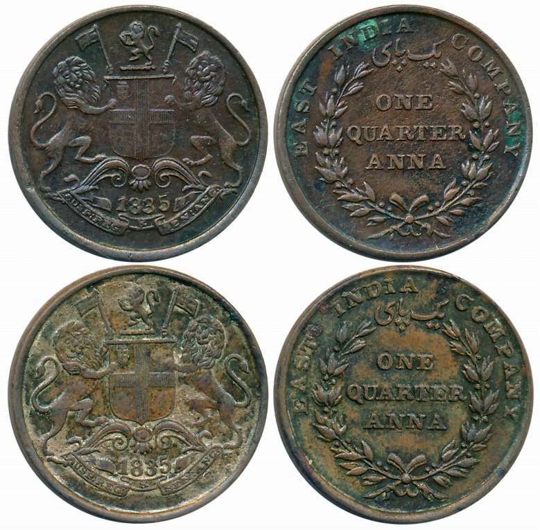 Copper 1/4 Anna (2 different variety), 1835, Calcutta Mint, 17 Berries-L 8/ R 9, Slanting 