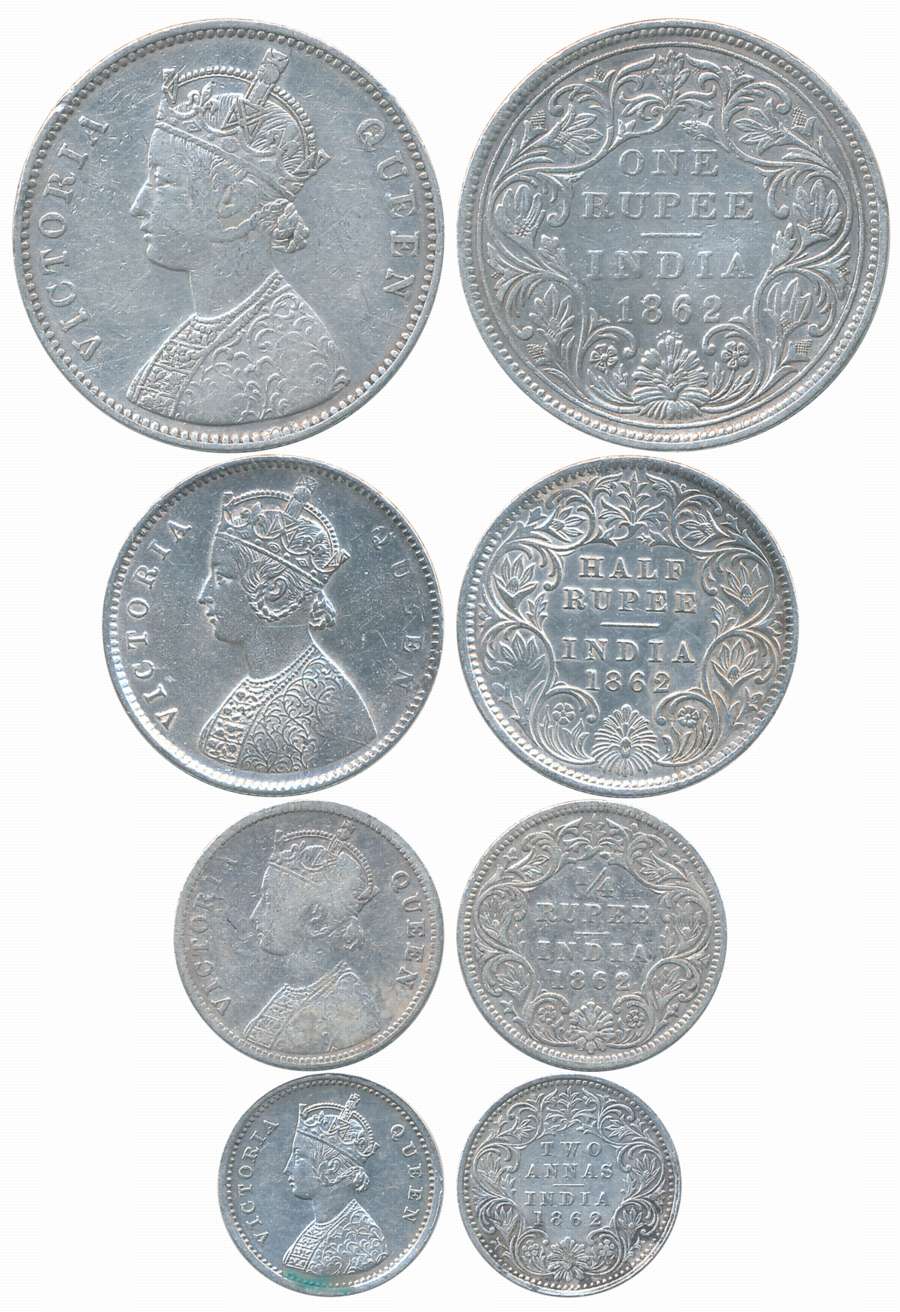Victoria Queen, 1862, Silver (4), Complete set of Rupee, 1/2 Rupee, 1/4 Rupee & 2 Anna. Ve
