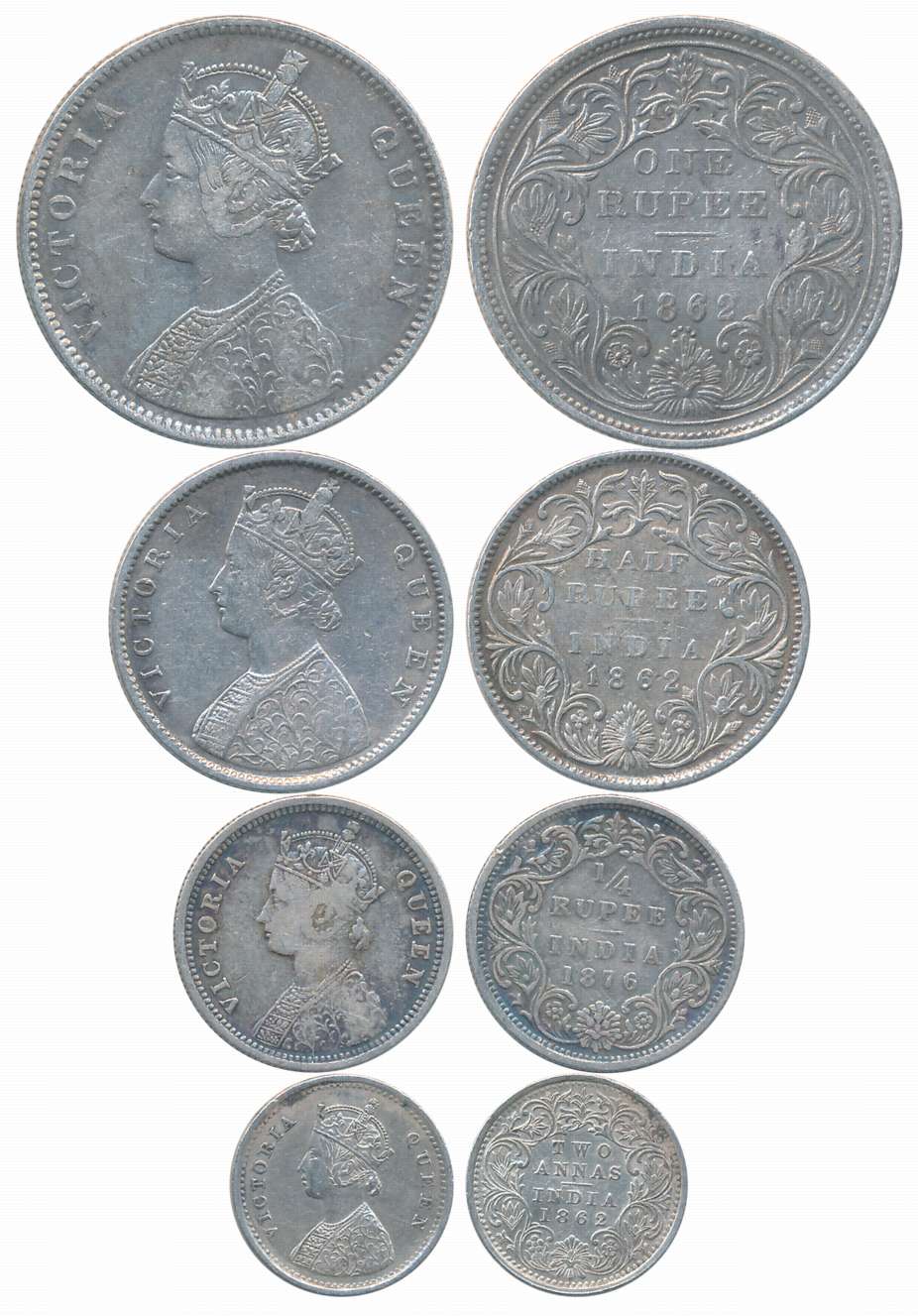Victoria Queen, 1862, Silver (4), Complete set of Rupee, 1/2 Rupee, 1/4 Rupee & 2 Anna, Ve