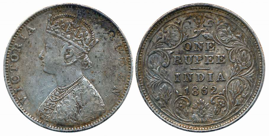 Victoria Queen, 1862, Silver Rupee, Bombay Mint, D/II, Obv: Designed by L.C. WYON, Rev: Cr