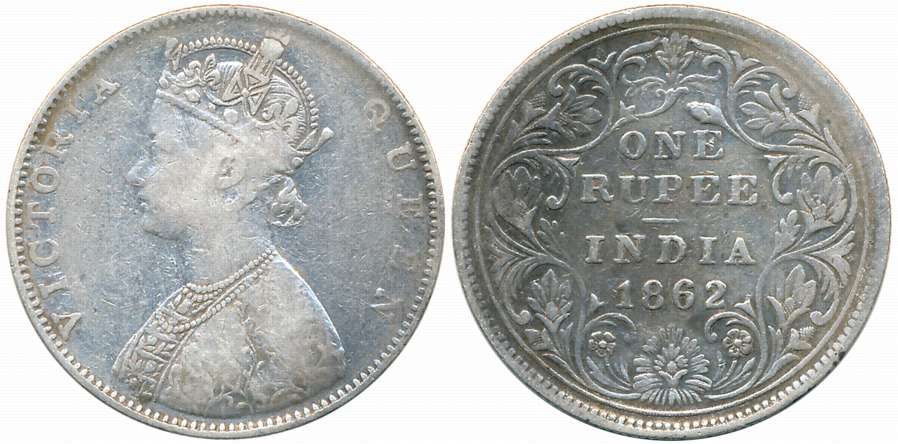 Victoria Queen, 1862, Silver Rupee, Bombay Mint, D/II, Obv: Designed by L.C. WYON, OBV. is