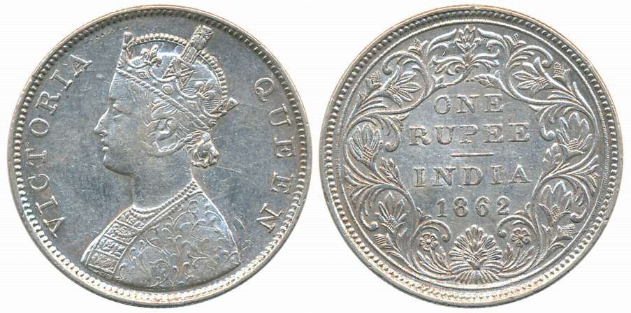 Victoria Queen, 1862, Silver Rupee, Bombay Mint, B/II/2/0 dots (Prid# 71). Very fine.
