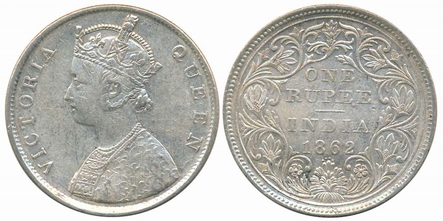 Victoria Queen, 1862, Silver Rupee, Bombay Mint, B/II/0/4 dots (Prid# 81). Very fine.