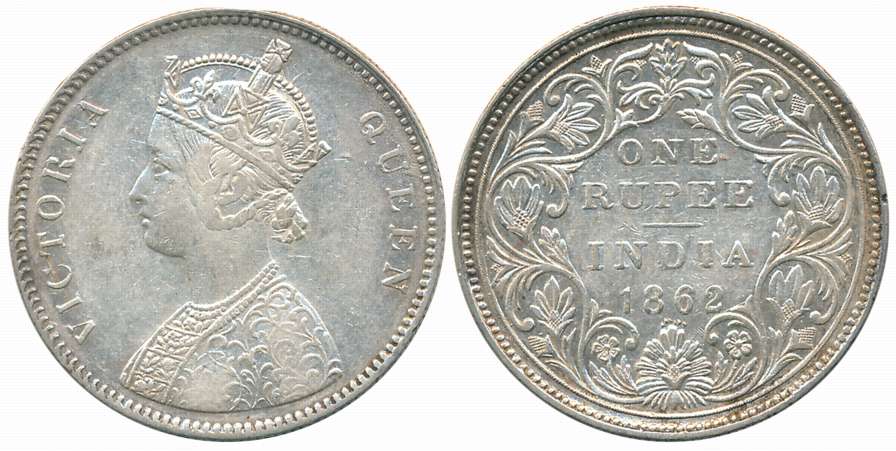 Victoria Queen, 1862, Silver Rupee, Bombay Mint, A/II/0/6 dots, Base Stroke of 1 is missin
