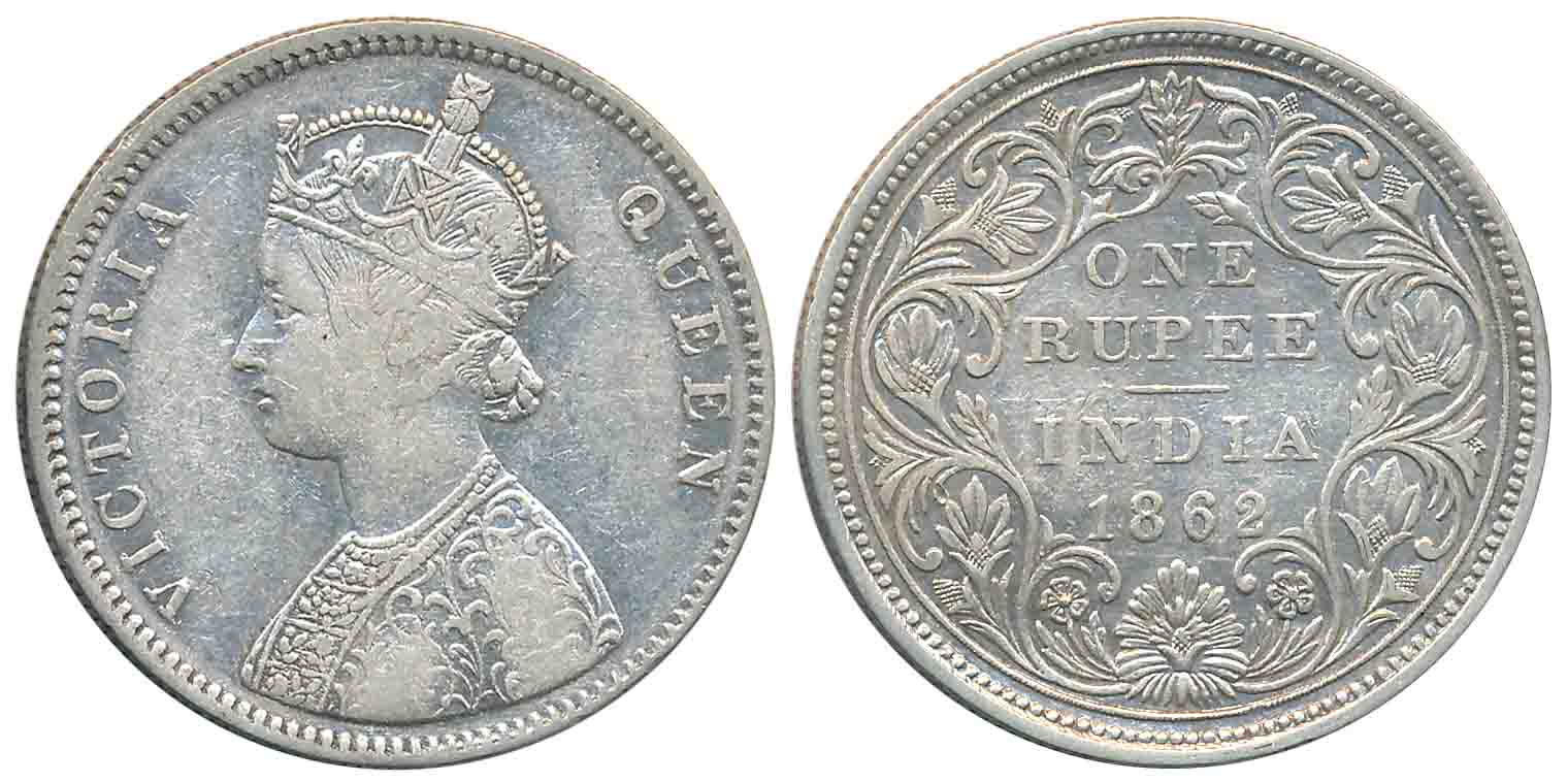 Victoria Queen, 1862, Silver Rupee, Bombay Mint, A/II, Elongated beads on both the arches 