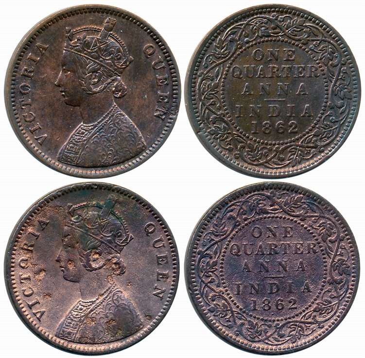Victoria Queen, 1862, Copper 1/4 Anna (2), Bombay Mint, Bust A, Tiny ‘V’ incused at the po