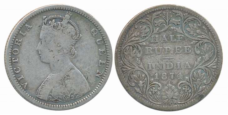 Victoria Queen, 1874, Silver 1/2 Rupee, Fine+.