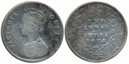 Victoria Queen, 1874, Silver 2 Anna, Calcutta Mint, A/I (Prid# 488). Fine+.