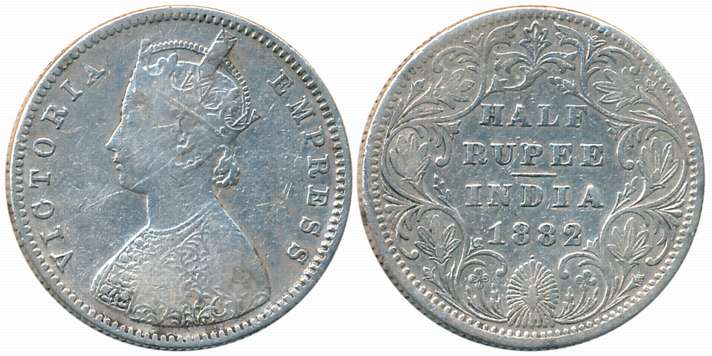 Victoria Empress, 1882, Silver 1/2 Rupee, Bombay Mint, A/II with dot (Prid# 291). About ve