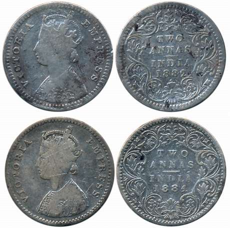 Victoria Empress, 1882, Silver 2 Anna (2), Bombay Mint, B/II/dot & A/I/B raised (Prid# 527