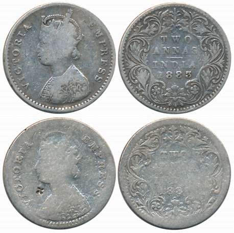 Victoria Empress, 1883, Silver 2 Anna (2), Bombay Mint, A/I/dot & B/II/dot (Prid# 529, 530